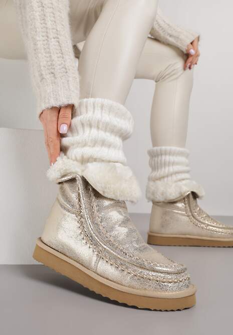 Złote Metaliczne Śniegowce Wsuwane Zdobione Futerkiem Vetirene