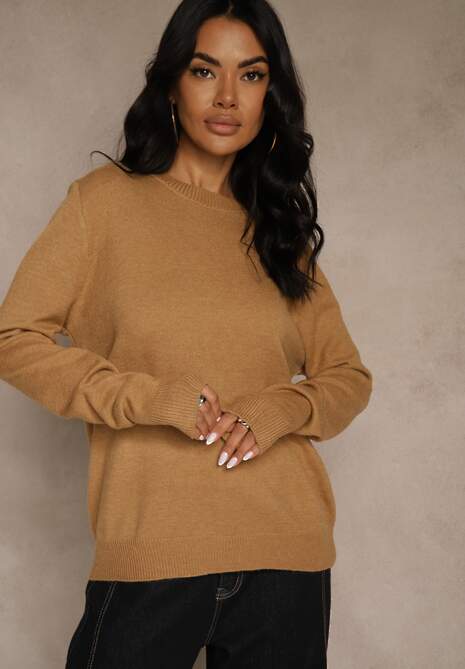 Brązowy Klasyczny Sweter z Wełną i Bawełną Bez Zdobień Neandia 4