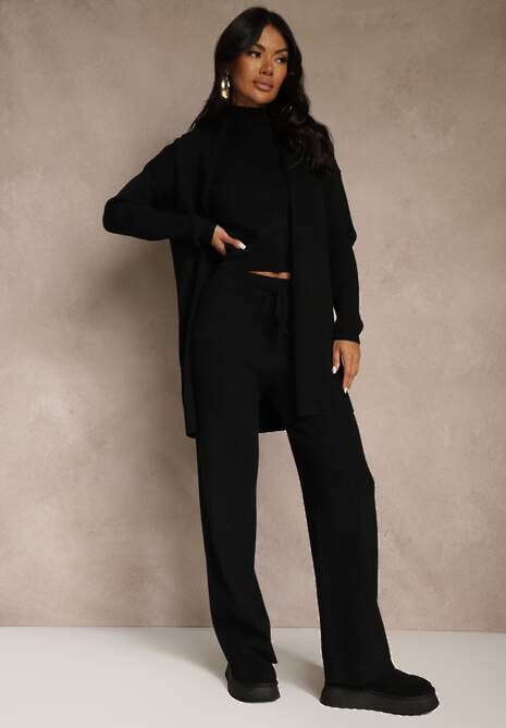 Czarny Komplet z Dzianiny z Wiskozą Spodnie Bluzka ze Stójką i Kardigan Vetisene