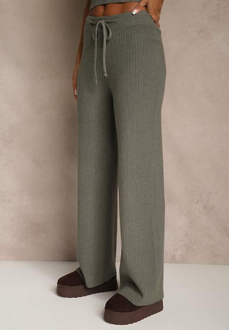 Ciemnozielony Komplet z Dzianiny z Wiskozą Spodnie Bluzka ze Stójką i Kardigan Vetisene 4