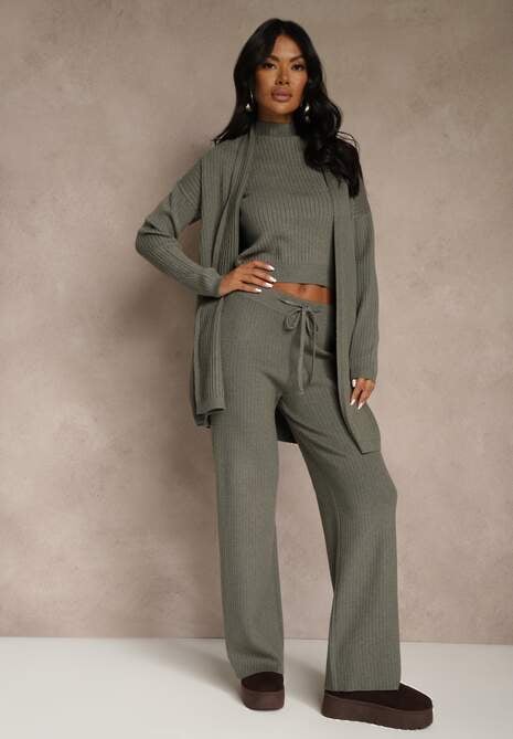 Ciemnozielony Komplet z Dzianiny z Wiskozą Spodnie Bluzka ze Stójką i Kardigan Vetisene 5