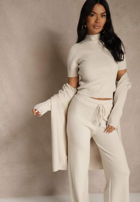 Beżowy Komplet z Dzianiny z Wiskozą Spodnie Bluzka ze Stójką i Kardigan Vetisene 5