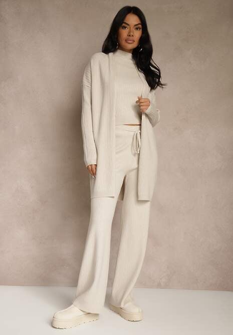 Beżowy Komplet z Dzianiny z Wiskozą Spodnie Bluzka ze Stójką i Kardigan Vetisene