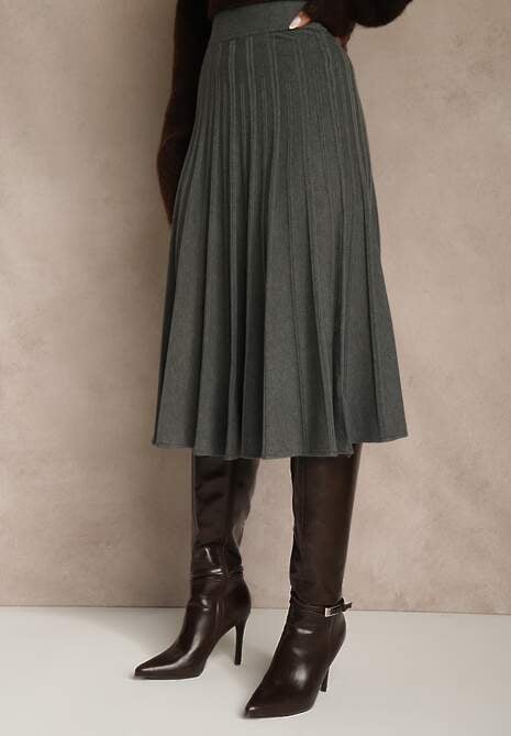 Ciemnoszara Dzianinowa Spódnica Plisowana o Rozkloszowanym Kroju Tuswia 4