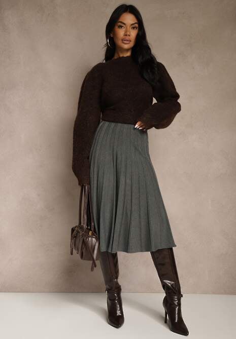 Ciemnoszara Dzianinowa Spódnica Plisowana o Rozkloszowanym Kroju Tuswia