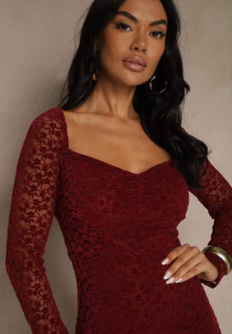 Bordowa Dopasowana Sukienka z Koronki z Kwadratowym Dekoltem Uwedia 5