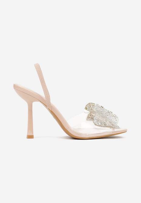 Beżowe Transparentne Sandały na Klepsydrowej Szpilce z Kokardą i Cyrkoniami Feralia 4