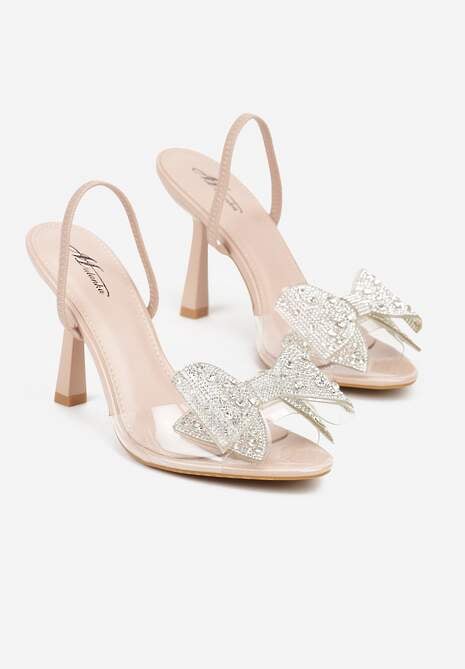 Beżowe Transparentne Sandały na Klepsydrowej Szpilce z Kokardą i Cyrkoniami Feralia 5
