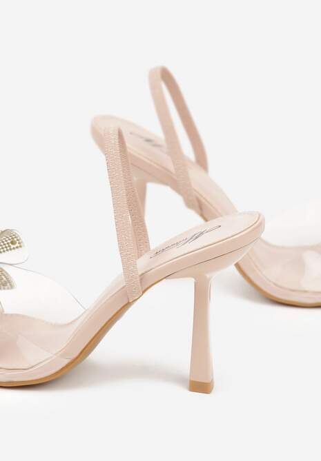 Beżowe Transparentne Sandały na Klepsydrowej Szpilce z Kokardą i Cyrkoniami Feralia 6