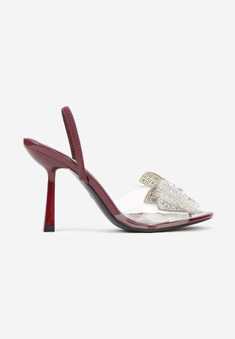 Bordowe Transparentne Sandały na Klepsydrowej Szpilce z Kokardą i Cyrkoniami Feralia 4