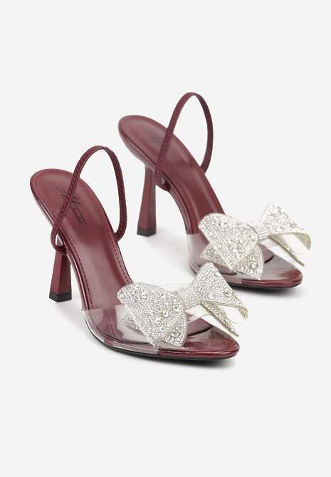Bordowe Transparentne Sandały na Klepsydrowej Szpilce z Kokardą i Cyrkoniami Feralia 5