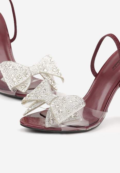 Bordowe Transparentne Sandały na Klepsydrowej Szpilce z Kokardą i Cyrkoniami Feralia 6
