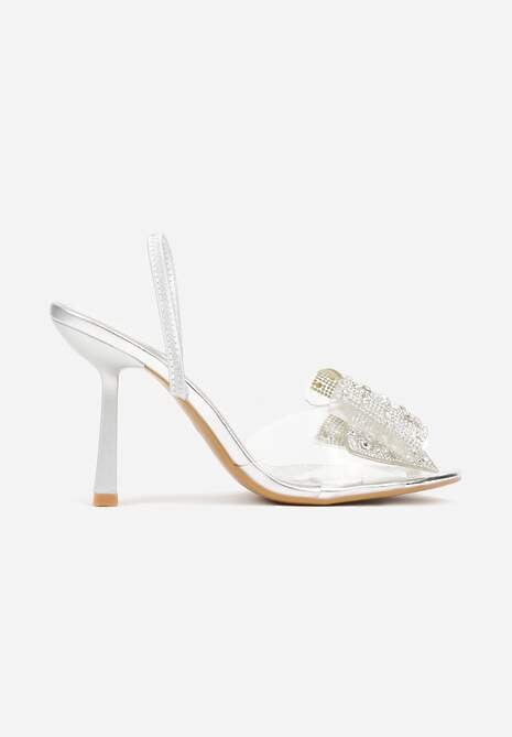 Srebrne Transparentne Sandały na Klepsydrowej Szpilce z Kokardą i Cyrkoniami Feralia 4