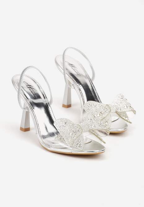 Srebrne Transparentne Sandały na Klepsydrowej Szpilce z Kokardą i Cyrkoniami Feralia 5