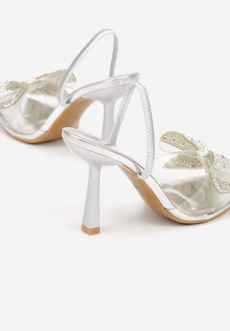 Srebrne Transparentne Sandały na Klepsydrowej Szpilce z Kokardą i Cyrkoniami Feralia 7