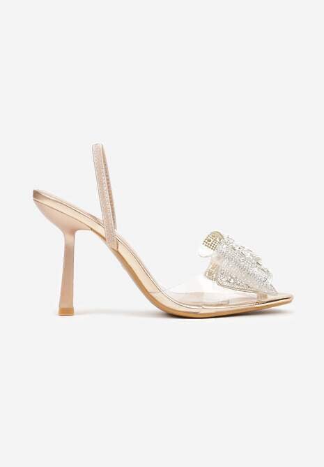 Szampańskie Transparentne Sandały na Klepsydrowej Szpilce z Kokardą i Cyrkoniami Feralia 4