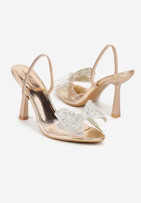 Szampańskie Transparentne Sandały na Klepsydrowej Szpilce z Kokardą i Cyrkoniami Feralia 5