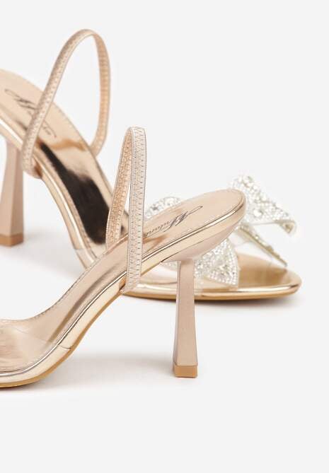Szampańskie Transparentne Sandały na Klepsydrowej Szpilce z Kokardą i Cyrkoniami Feralia 6