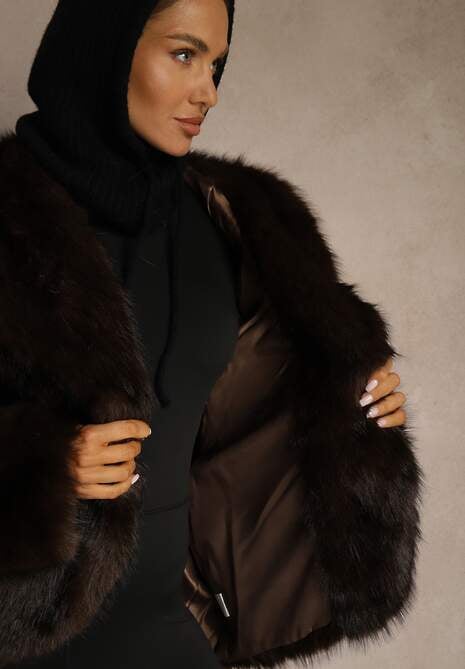 Brązowa Kurtka Futerko z Kapturem i Kieszeniami Zelafera 5