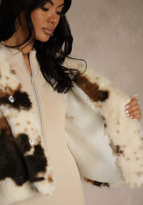 Brązowo-Beżowa Dwurzędowa Kurtka Futerko Oversize Nenalla 5