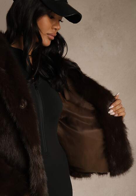 Brązowa Kurtka Futerko z Nieodpinanym Kapturem Vetisala 5