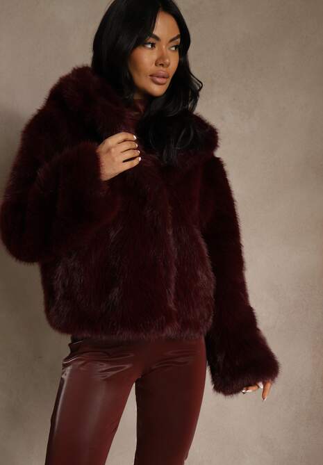 Bordowa Kurtka Futerko z Nieodpinanym Kapturem Vetisala