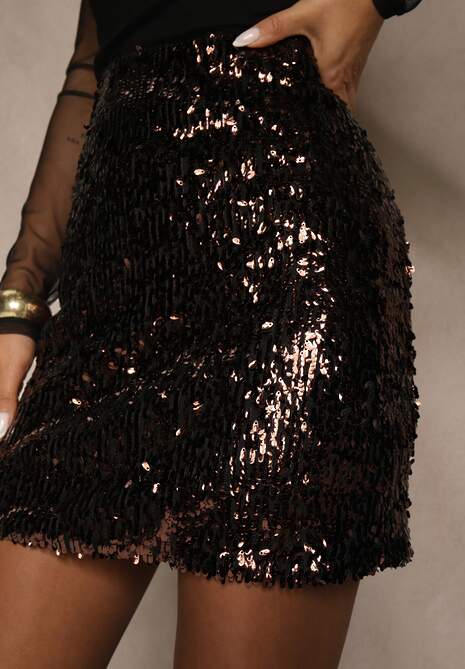 Ciemnobrązowa Cekinowa Dopasowana Spódnica Vetizine 5