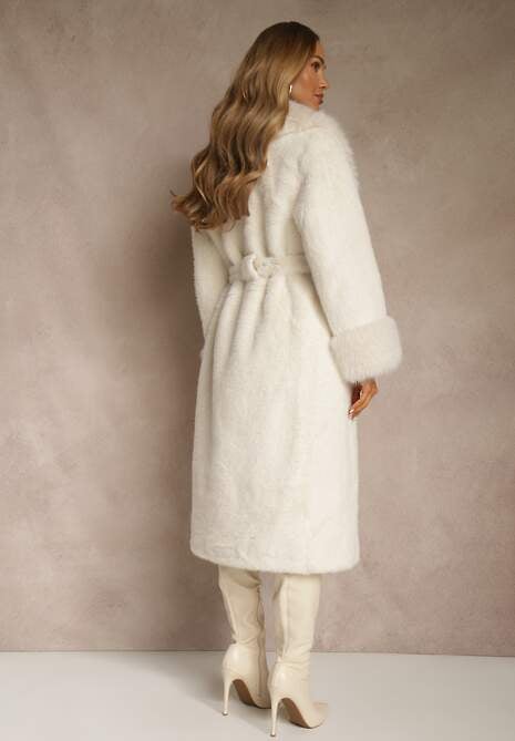 Biały Futrzany Płaszcz z Wiązanym Paskiem Ozdobnym Kołnierzem i Mankietami Viaressa 4