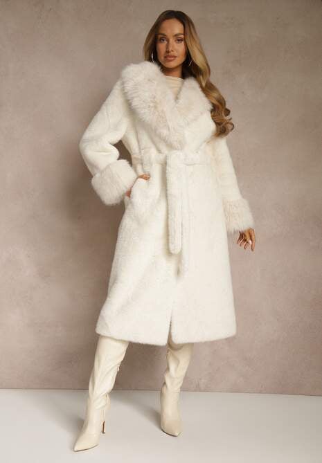 Biały Futrzany Płaszcz z Wiązanym Paskiem Ozdobnym Kołnierzem i Mankietami Viaressa