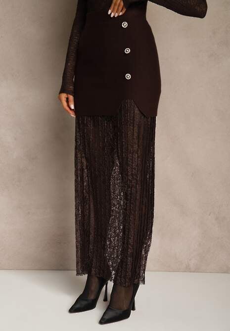 Brązowa Spódnica z Dzianiny z Wiskozą z Koronkowym Dołem Zdobiona Guzikami Sewune 4