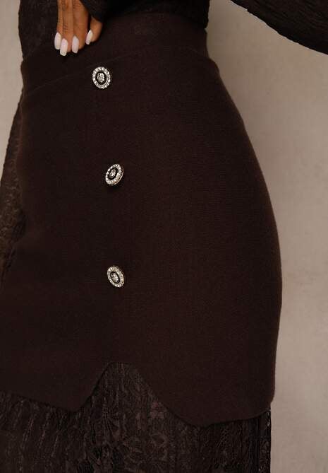 Brązowa Spódnica z Dzianiny z Wiskozą z Koronkowym Dołem Zdobiona Guzikami Sewune 5