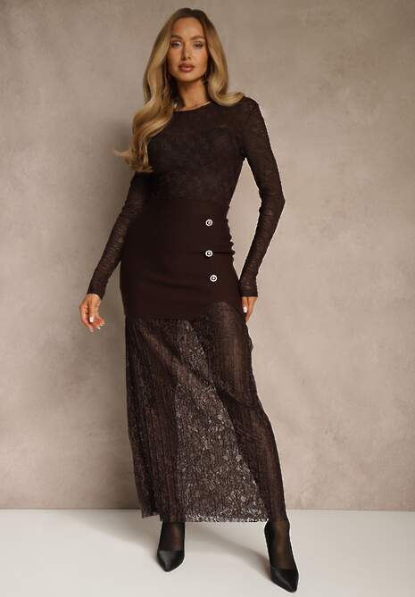Brązowa Spódnica z Dzianiny z Wiskozą z Koronkowym Dołem Zdobiona Guzikami Sewune