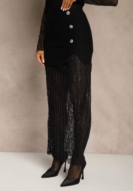 Czarna Spódnica z Dzianiny z Wiskozą z Koronkowym Dołem Zdobiona Guzikami Sewune 4