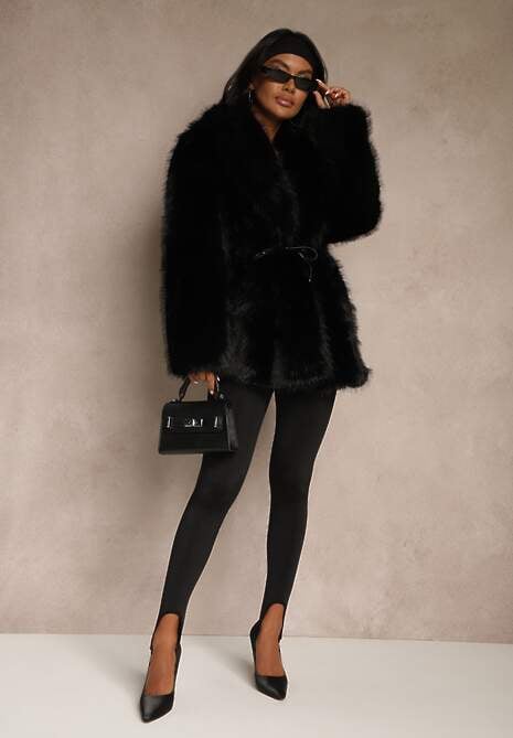 Czarne Klasyczne Legginsy High Waist z Zapiętkami i Ociepleniem Serafeia