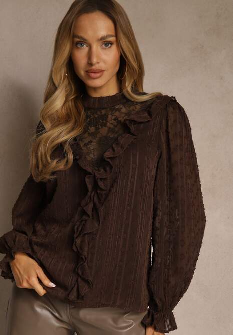 Brązowa Bluzka z Koronką i Falbankami Zdobiona Metalicznymi Przeszyciami Aliafera 4