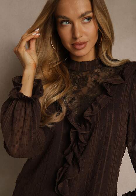 Brązowa Bluzka z Koronką i Falbankami Zdobiona Metalicznymi Przeszyciami Aliafera 5