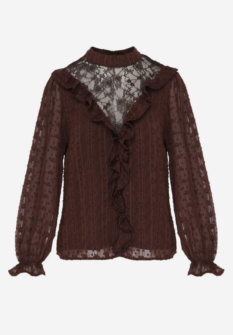 Brązowa Bluzka z Koronką i Falbankami Zdobiona Metalicznymi Przeszyciami Aliafera 6