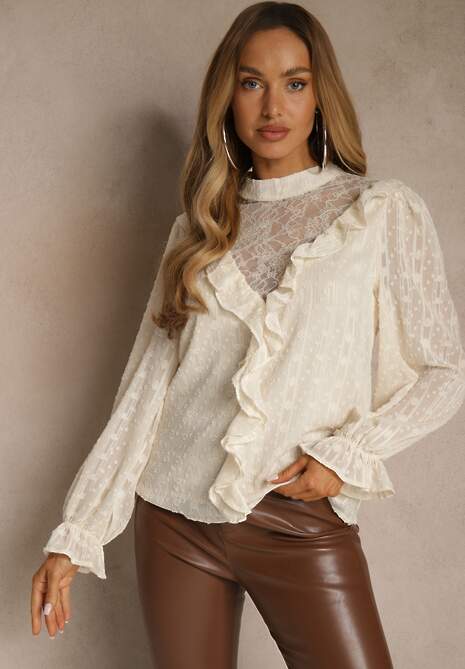 Beżowa Bluzka z Koronką i Falbankami Zdobiona Metalicznymi Przeszyciami Aliafera 4