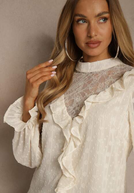 Beżowa Bluzka z Koronką i Falbankami Zdobiona Metalicznymi Przeszyciami Aliafera 5