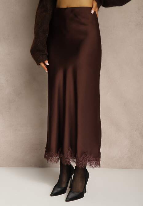 Brązowa Spódnica z Satyny Zdobiona Koronką Marefera 4