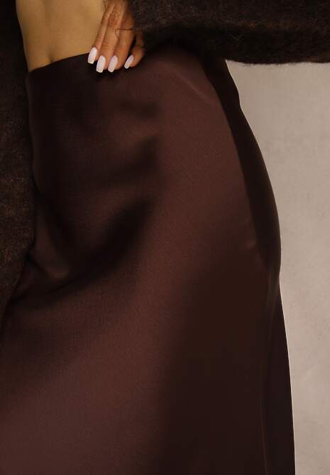 Brązowa Spódnica z Satyny Zdobiona Koronką Marefera 5