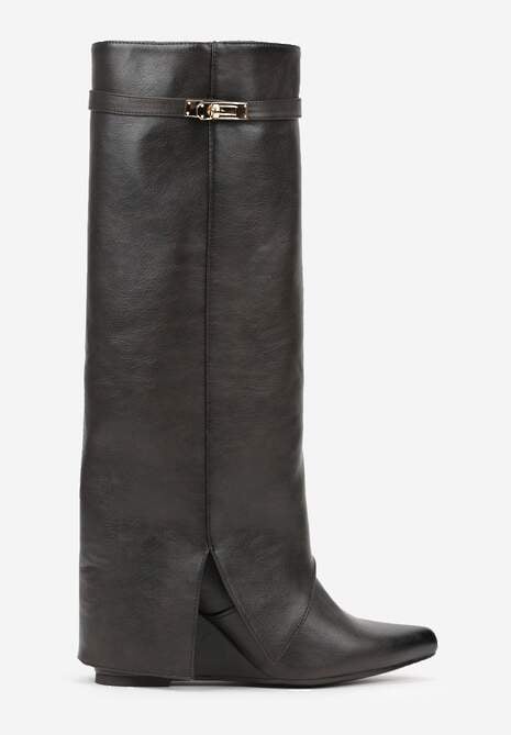 Brązowe Kozaki na Koturnie z Cholewką Imitującą Nogawkę z Aplikacją Testarria 4