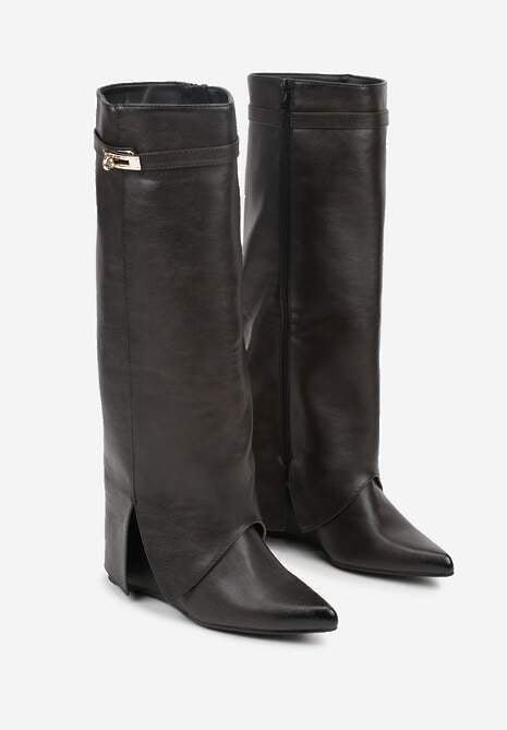 Brązowe Kozaki na Koturnie z Cholewką Imitującą Nogawkę z Aplikacją Testarria 5