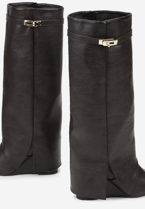 Brązowe Kozaki na Koturnie z Cholewką Imitującą Nogawkę z Aplikacją Testarria 7