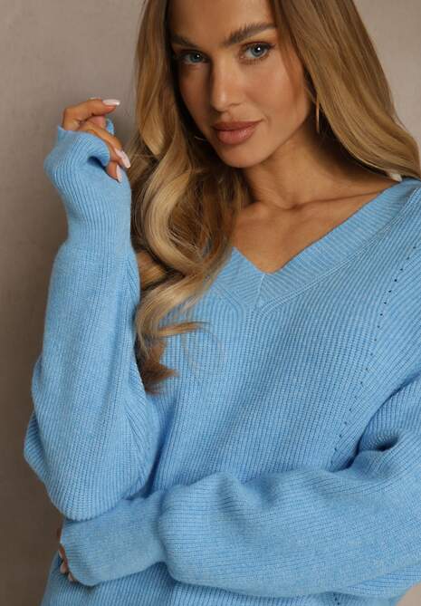 Niebieski Sweter z Dodatkiem Kaszmiru i Trójkątnym Dekoltem Silefera 5