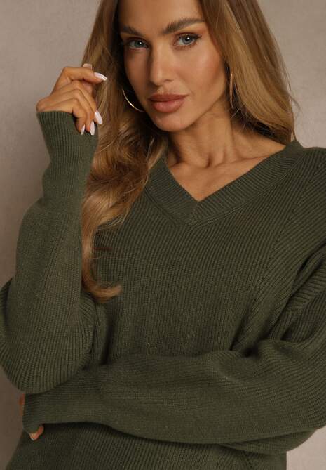 Ciemnozielony Sweter z Dodatkiem Kaszmiru i Trójkątnym Dekoltem Silefera 5