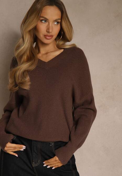 Brązowy Sweter z Dodatkiem Kaszmiru i Trójkątnym Dekoltem Silefera 4