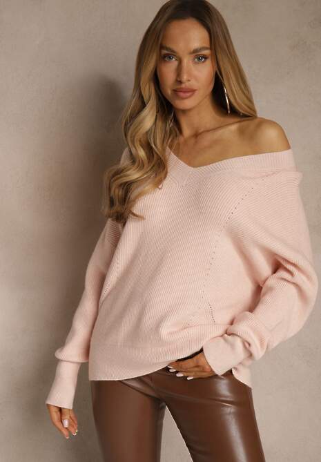 Jasnoróżowy Sweter z Dodatkiem Kaszmiru i Trójkątnym Dekoltem Silefera