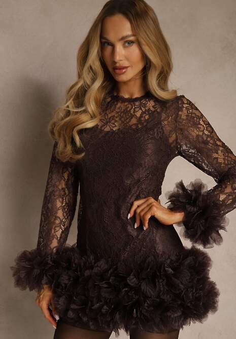 Brązowa Dopasowana Koronkowa Sukienka Koktajlowa z Tiulowymi Aplikacjami Kretalia 4
