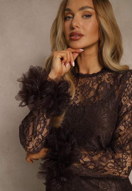 Brązowa Dopasowana Koronkowa Sukienka Koktajlowa z Tiulowymi Aplikacjami Kretalia 5